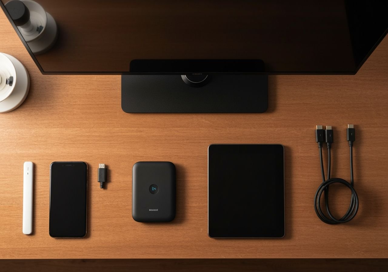 Configuration complète d'un système de divertissement à domicile avec appareils de streaming et téléviseur.