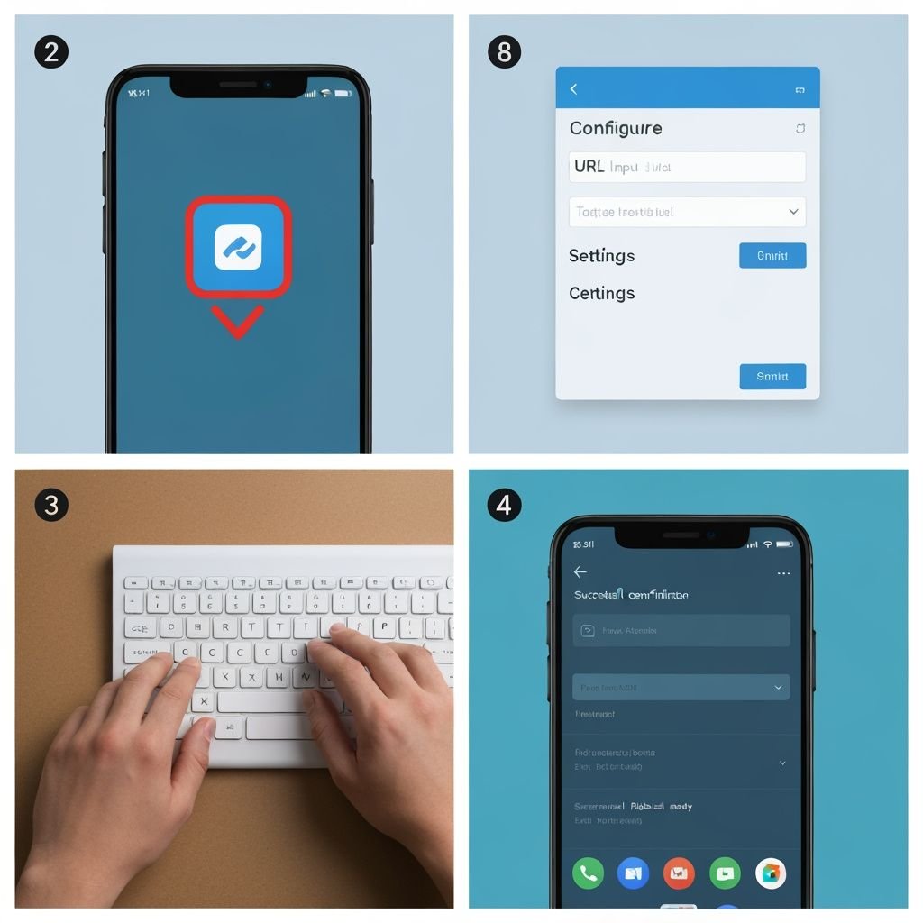 Quatre étapes de configuration : installation, menu paramètres, saisie URL, et lecture active