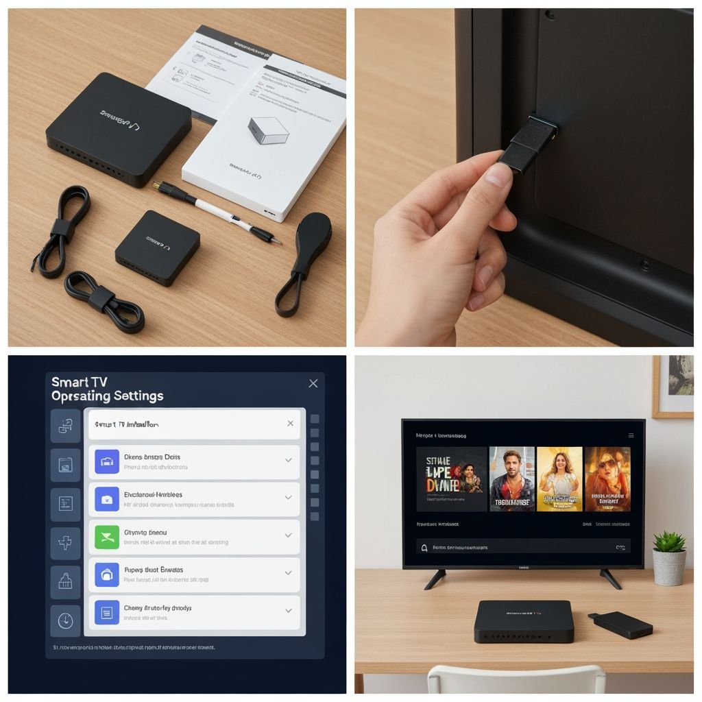 Guide d'installation en quatre étapes : déballage, connexion HDMI, configuration système et lecture de contenu.