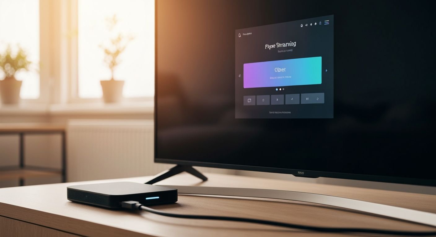 Boîtier de streaming compact connecté à une télévision moderne dans un salon avec interface de configuration.