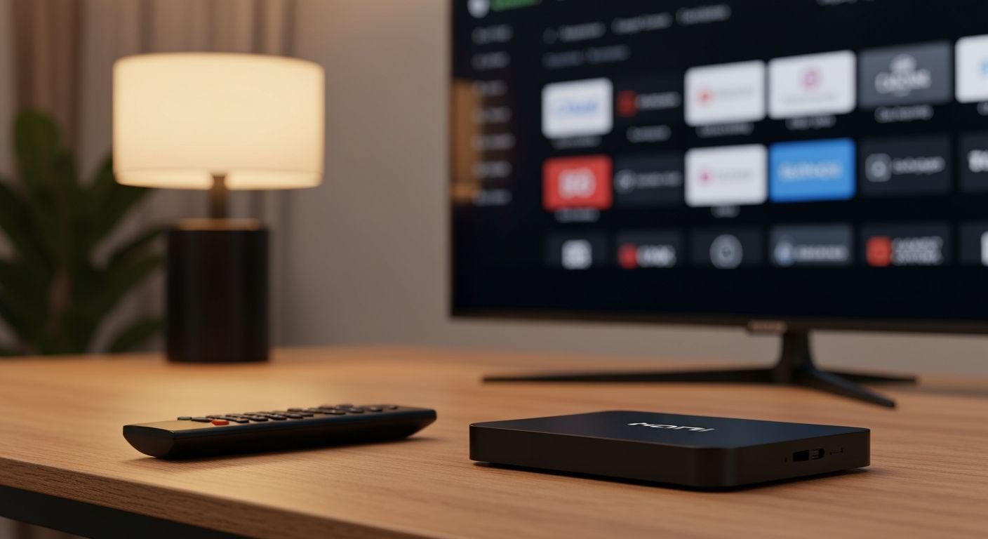 Boîtier streaming compact noir avec télécommande et TV moderne affichant interface de streaming générique