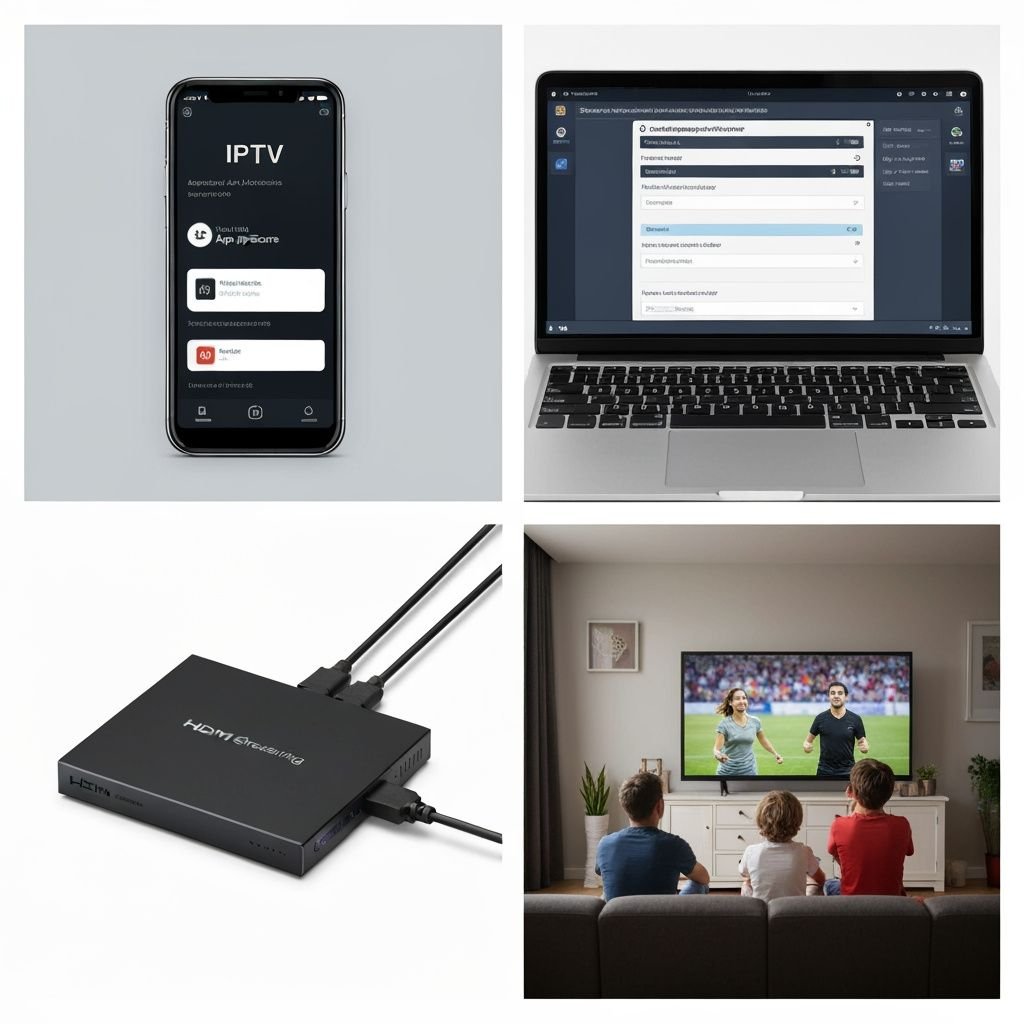 Quatre étapes d'installation et configuration d'une application IPTV : téléchargement, paramètres, appareil et visionnage