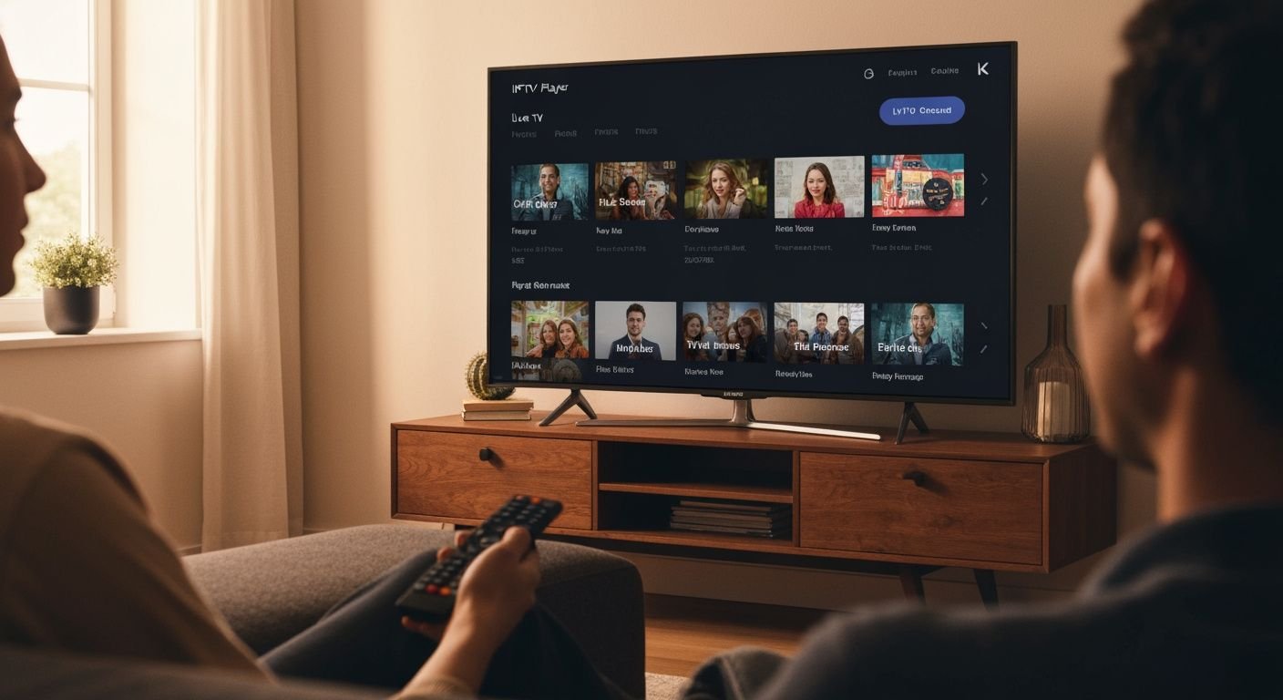 Téléviseur affichant une interface de lecteur IPTV avec chaînes TV et contenu à la demande