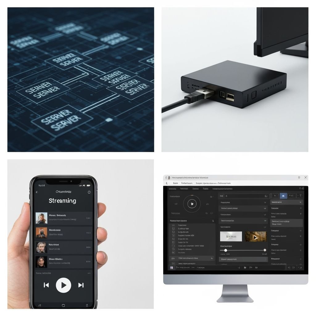 Quatre panneaux : protocole de données, appareil de streaming, application mobile, et lecteur média sur ordinateur.