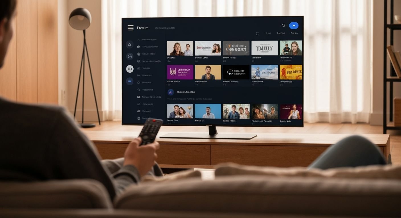 Téléviseur moderne affichant une interface de streaming générique avec chaînes et contenu à la demande.