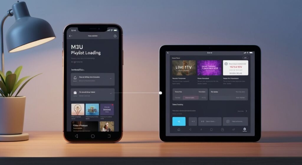 Interface d'application lecteur IPTV affichant des chaînes TV en direct sur smartphone et tablette