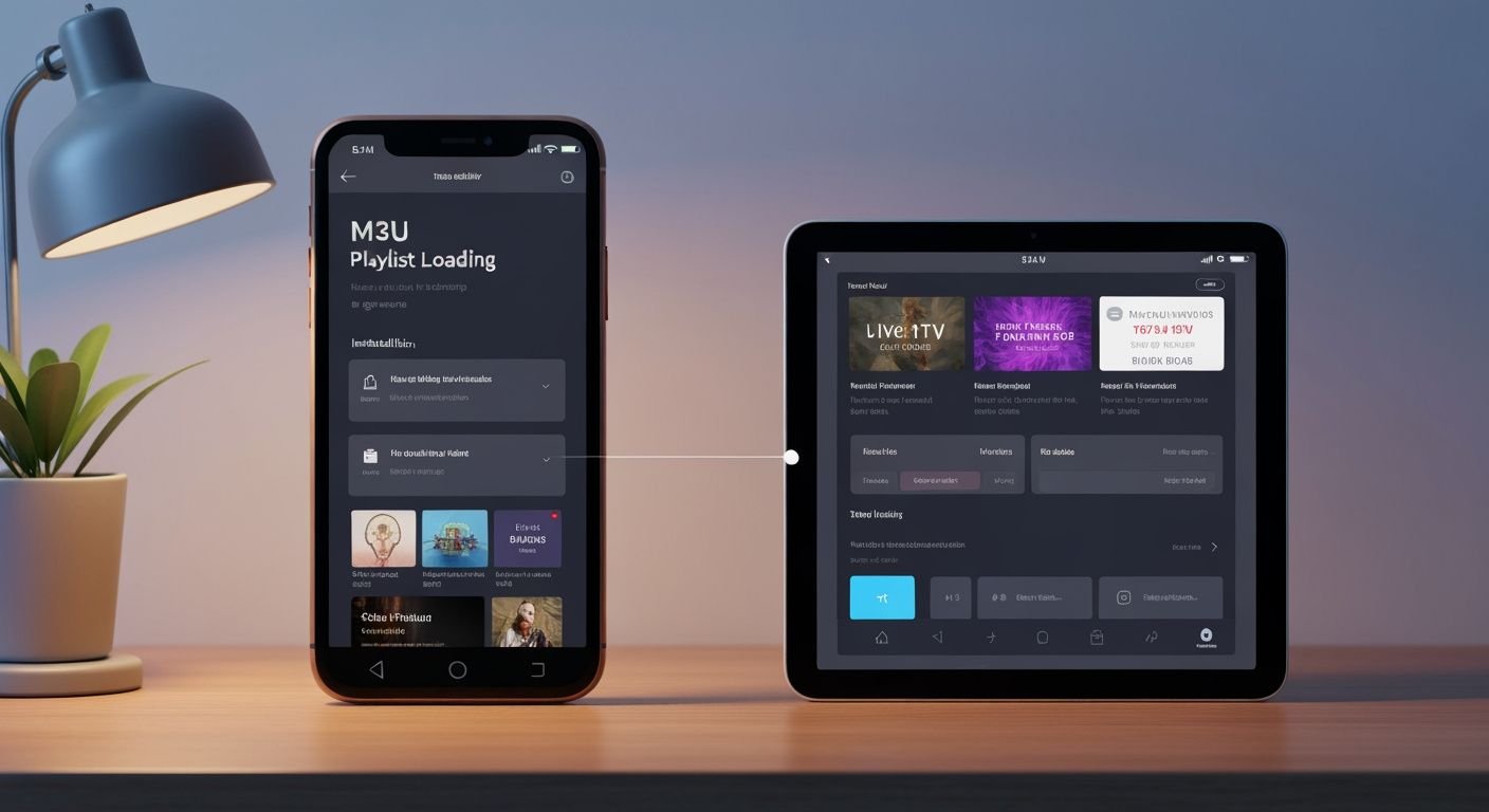 Interface d'application lecteur IPTV affichant des chaînes TV en direct sur smartphone et tablette