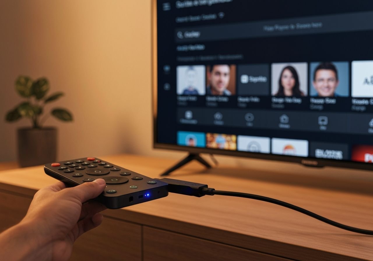Appareil streaming connecté à TV moderne pour regarder IPTV en direct