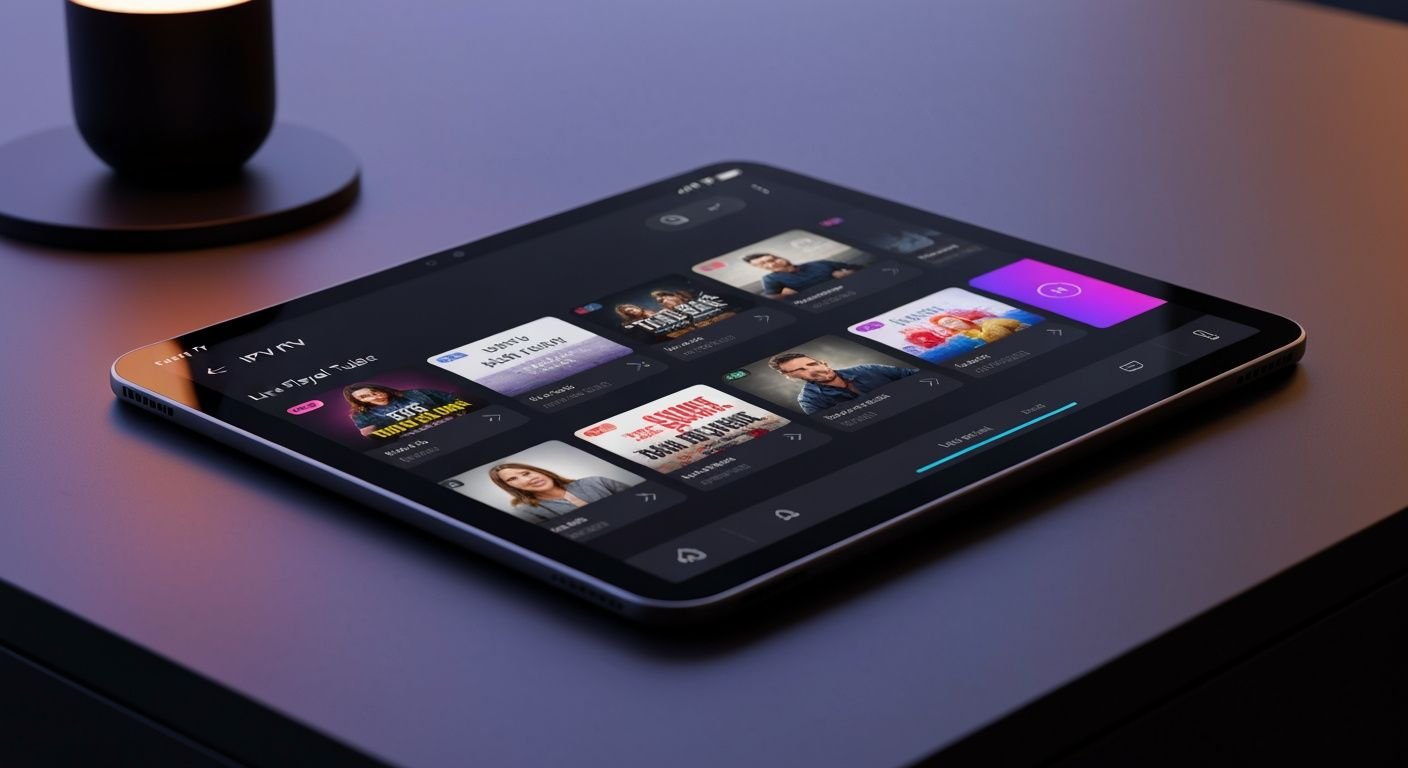 Interface d'une application lecteur IPTV moderne affichant un guide TV avec chaînes en direct