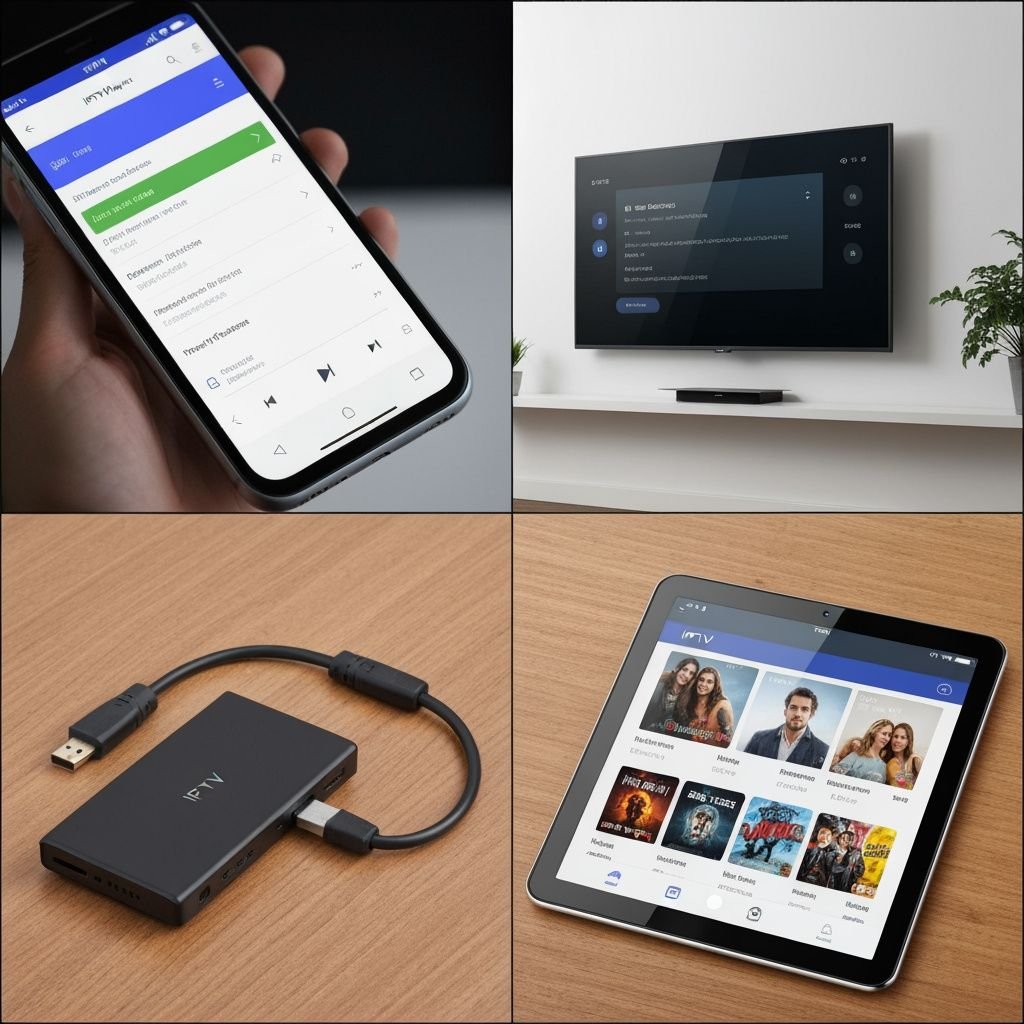 Quatre appareils compatibles avec lecteur IPTV : smartphone, TV, boîtier streaming et tablette