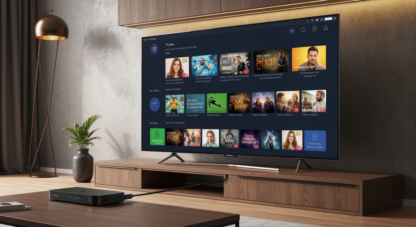 Interface IPTV sur Smart TV moderne affichant chaînes en direct et contenu multimédia