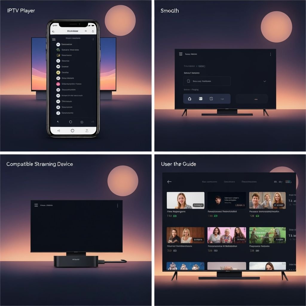 Quatre vues du lecteur IPTV : interface mobile, contrôles de lecture, compatibilité appareils et guide des programmes