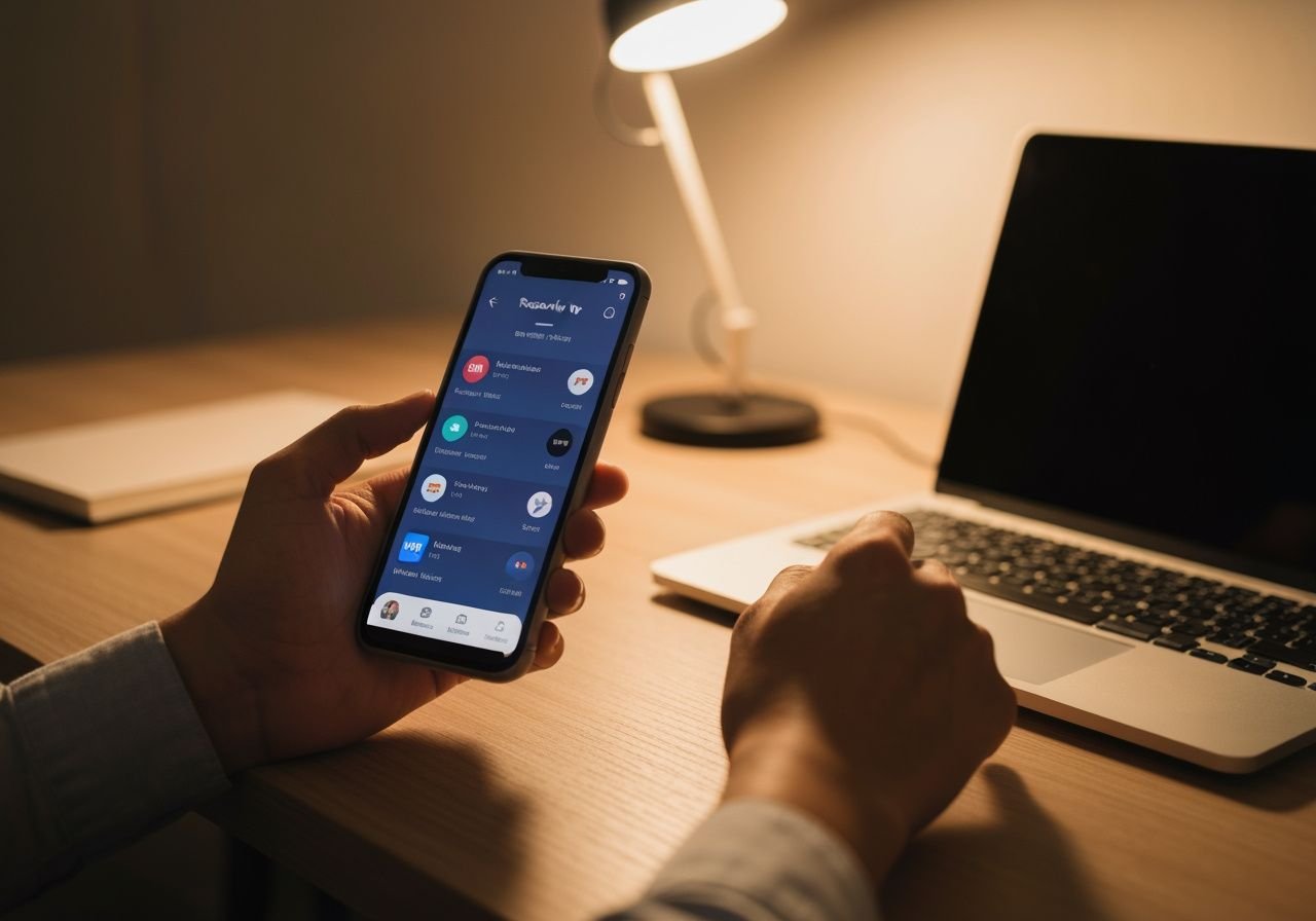 Smartphone affichant une application IPTV responsive avec navigation fluide entre les chaînes