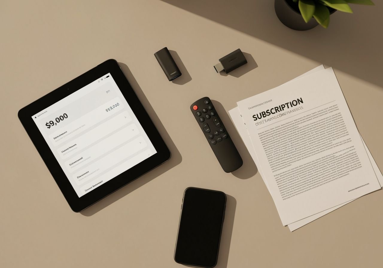 Configuration home entertainment avec tablette affichant les prix Zen IPTV et accessoires