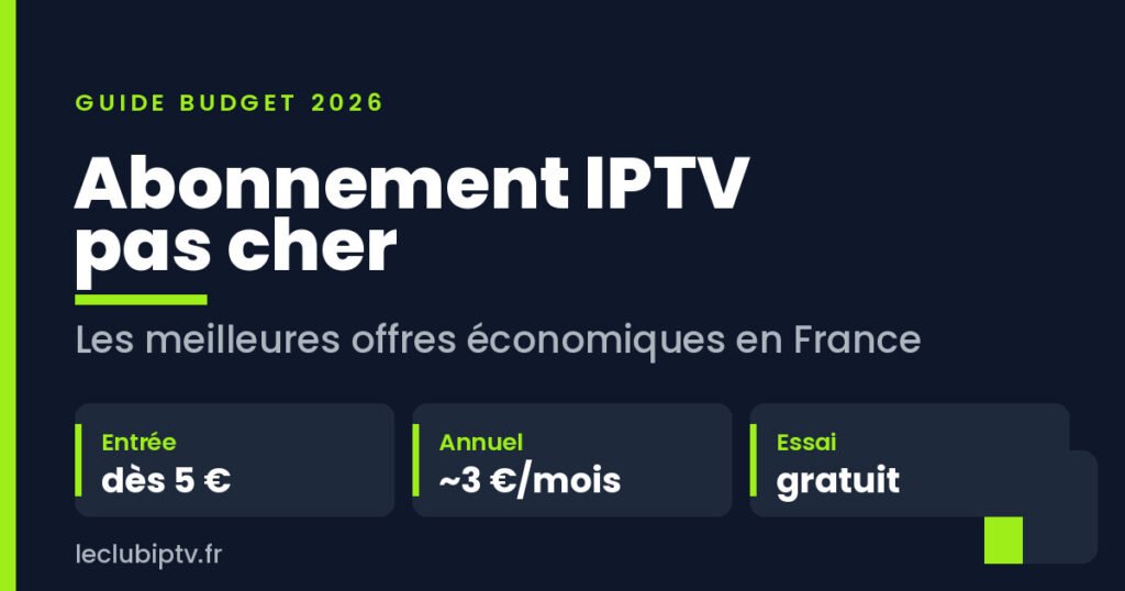 Abonnement IPTV pas cher : trois formules économiques et leurs tarifs, sur fond ardoise et vert citron