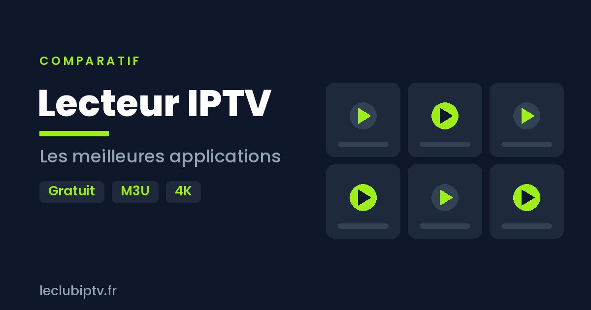 Comparatif de lecteurs IPTV : grille d'applications de streaming avec boutons de lecture, prise en charge M3U et 4K